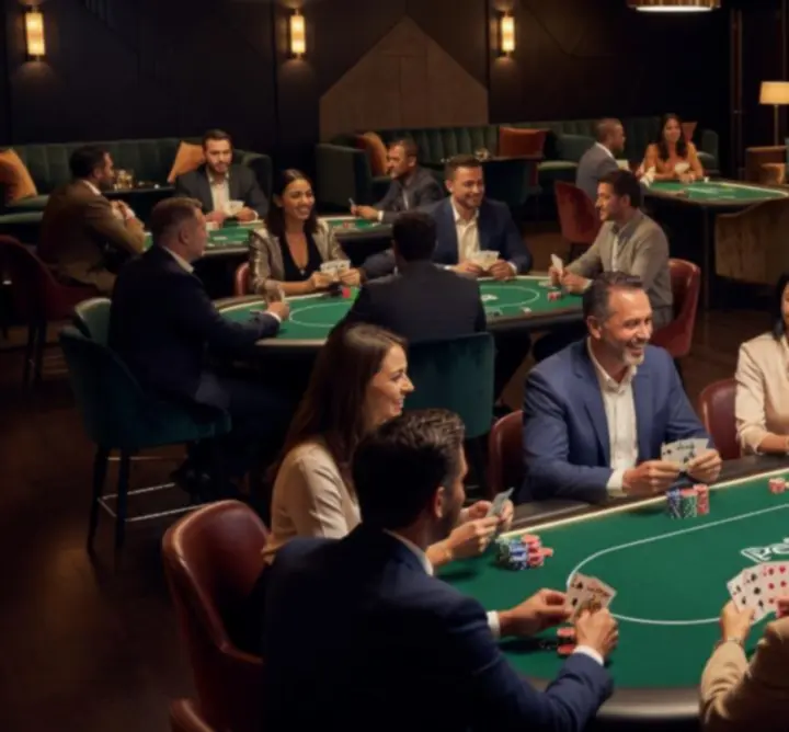 Nowoczesny Poker Lounge w WARSAW POET Magdalena Socha-Włodarska z oświetlonymi stołami pokerowymi