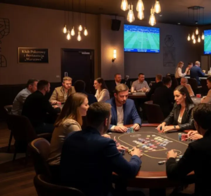 Wnętrze WARSAW POET Magdalena Socha-Włodarska – nowoczesny bar z pokerowymi stołami i dużymi ekranami